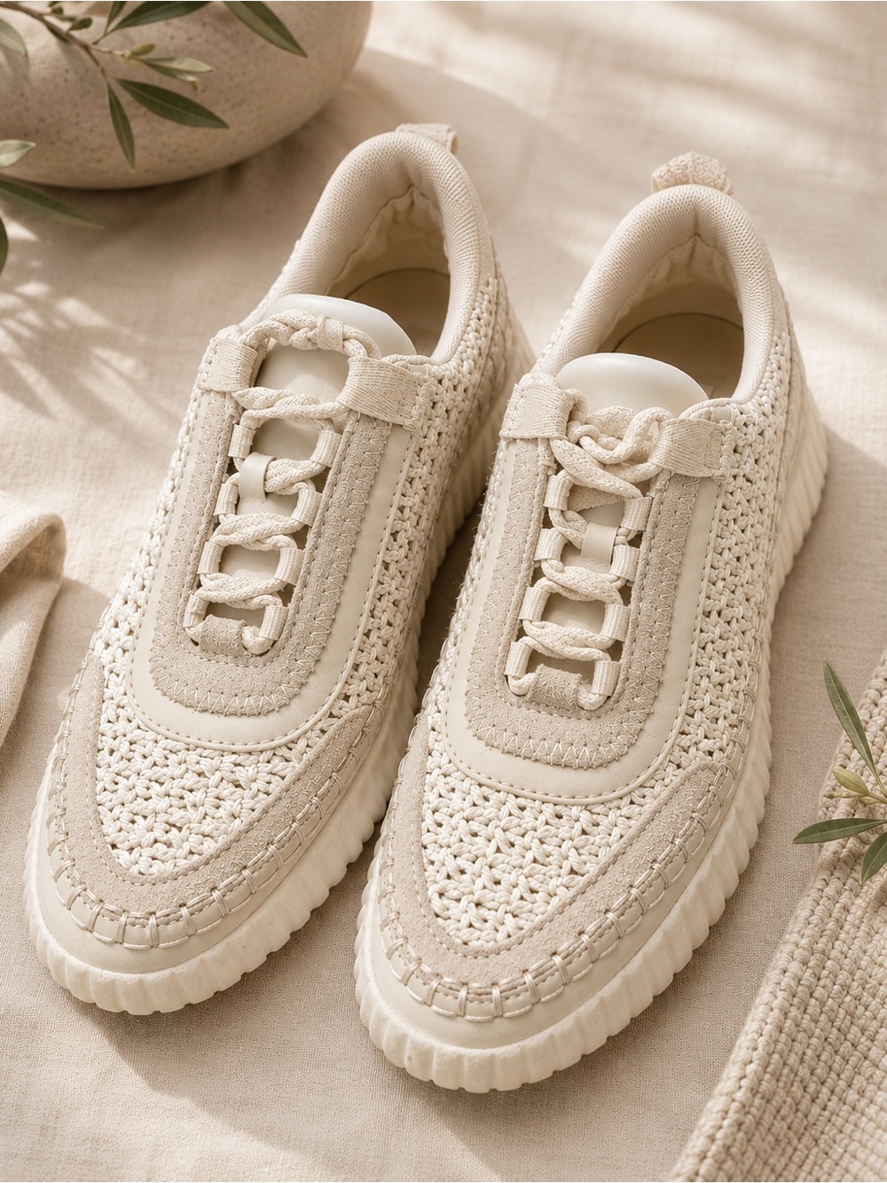 Dolce Vita Cream Crochet Knit Lace-Up Sneakers - Women